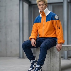 Puede incluir: Una chaqueta con cremallera que presenta un cuerpo de color naranja vibrante, paneles azules en los hombros y un cuello alto de canalé blanco. La chaqueta incluye un emblema circular en la manga izquierda. Combinada con pantalones cargo azul oscuro y zapatillas altas en blanco y azul marino.