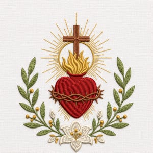 Può includere: Design religioso ricamato con un cuore rosso circondato da una corona di spine, con una croce sopra e fiamme che si alzano dal cuore. Un'aureola dorata circonda la croce e le fiamme. Foglie verdi e fiori bianchi incorniciano il cuore.