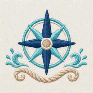 May include: An embroidery design featuring a central compass rose with dark blue and light blue points, surrounded by a circular border. Below the compass are two stylized turquoise waves and a beige rope element with curled ends.