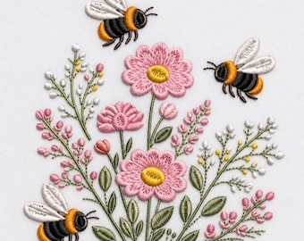 Pode incluir: Um design de bordado apresentando três abelhões com corpos listrados de preto e amarelo e asas brancas, cercando um grupo de flores cor-de-rosa com centros amarelos, caules verdes e pequenos botões brancos e rosas em tecido branco.