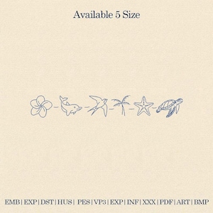 May include: Cream-colored fabric with embroidered blue line art of a flower, dolphin, bird, palm tree, starfish, and turtle. Text above reads "Available 5 Size". Below are file format abbreviations.