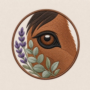 May include: A circular embroidered patch featuring a close-up of a brown horse eye with dark brown hair, a white blaze, and a sprig of purple lavender flowers with light green leaves, all enclosed within a dark brown stitched border.
