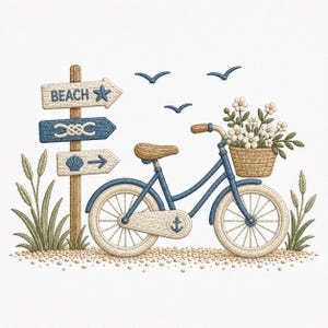 May include: An embroidery design featuring a blue bicycle with a wicker basket filled with white flowers, a wooden signpost labeled BEACH with a starfish and seashell, three flying birds, and green grass stalks on a pebbled ground.