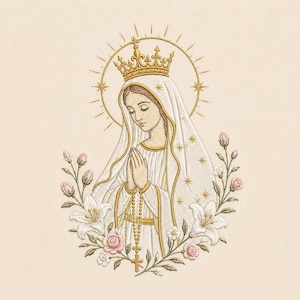 May include: Embroidered image of a woman in a white veil and crown, with hands clasped in prayer. A gold halo surrounds her head, and she is framed by white lilies and pink roses. The image has a vintage, religious theme.