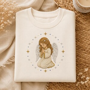 Disegno per ricamo di un angelo in preghiera, arte cristiana vintage in stile cottagecore e celestiale (file digitale)