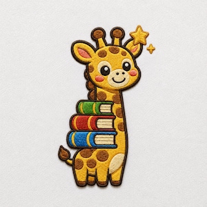 Puede incluir: Un parche bordado que muestra una jirafa amarilla con manchas marrones, mejillas rosadas y una expresión sonriente. La jirafa lleva una pila de tres libros en verde, rojo y azul, con un pequeño icono de estrella amarilla sobre su cabeza.