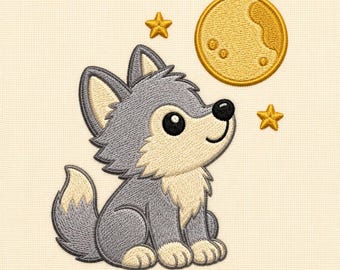 Wolf Moon Embroidery Design, Woodland Nursery Kawaii Animal (Digital File)