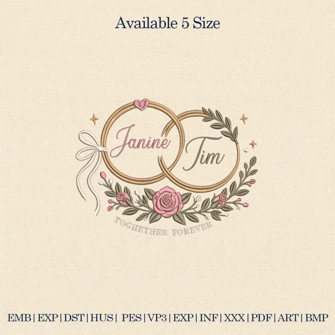 Custom Wedding Rings Embroidery Design, Personalized Couple Names ...