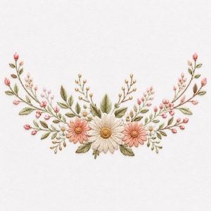 May include: Embroidered floral design featuring a semi-circular arrangement of flowers and foliage. The design includes daisies, peach-colored flowers, green leaves, and pink buds, all set against a white background.