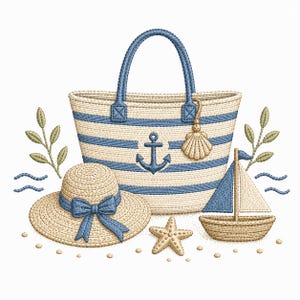 May include: An embroidered design featuring a beige and blue striped tote bag with an anchor motif, a beige sun hat with a blue ribbon bow, a small sailboat, a starfish, and two leafy sprigs, all rendered in a textured, stitched thread style.