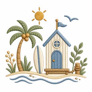 May include: An embroidery design featuring a beach scene with a palm tree, a small wooden cabin with a blue door, a surfboard, a yellow sun, and a blue bird. The scene includes sandy ground, green foliage, and blue wavy lines representing water.