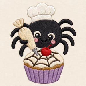 May include: An embroidered design of a black spider wearing a white chef hat, holding a beige piping bag to decorate a cupcake. The cupcake has white frosting with a dark brown spiderweb pattern, a bright red cherry, and a purple cupcake liner.
