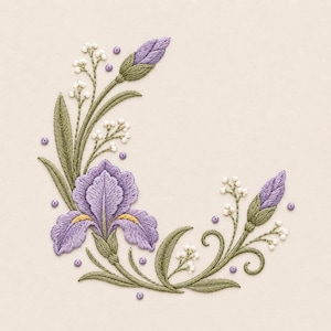 May include: An embroidery design featuring a large purple iris flower with yellow accents, two purple flower buds, and delicate green stems with small white blossoms arranged in a crescent shape, accented by scattered small purple beads.