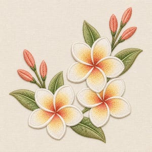 May include: An embroidery design featuring three plumeria flowers with white petals that transition to yellow and orange centers. The floral arrangement includes several green leaves and closed pinkish-orange flower buds, all stitched onto a light beige fabric background.