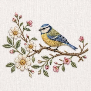 Puede incluir: Imagen bordada de un pájaro azul, amarillo y blanco posado en una rama marrón. El pájaro está rodeado de flores blancas con centros amarillos, capullos rosas y hojas verdes. El fondo es blanco.