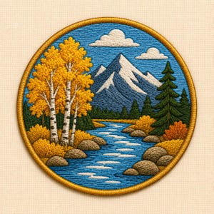 May include: A circular embroidered patch featuring a landscape with a blue river flowing past yellow birch trees, green pine trees, and rocky banks. In the background, snow-capped blue mountains rise under a blue sky with white clouds.