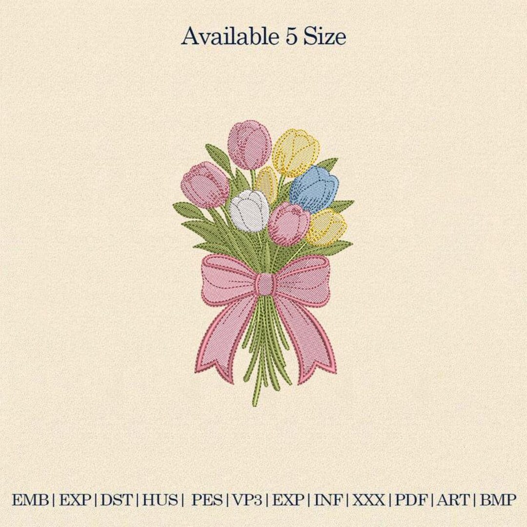 Tulip Bouquet Embroidery Design With Bow, Spring Floral Stitch (digital ...