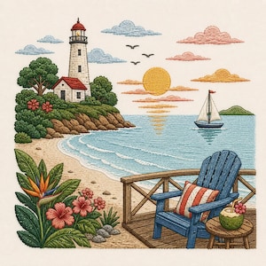 May include: An embroidery design featuring a coastal scene with a lighthouse on a cliff, a sailboat on the water, and a blue wooden chair on a deck. In the foreground, there are red hibiscus flowers and a bird of paradise plant near the sand.