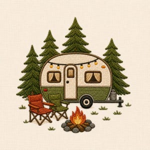 May include: An embroidery design featuring a vintage-style camper trailer in cream and olive green, surrounded by dark green pine trees. Two folding chairs in orange and green sit beside a campfire with orange and yellow flames and gray stones.