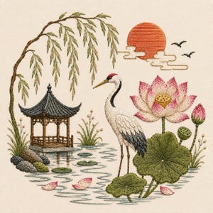 May include: An embroidery design featuring a white crane with a red crown standing in water near a brown wooden pavilion, a large pink lotus flower, green lily pads, a weeping willow branch, and a bright orange sun in the sky.
