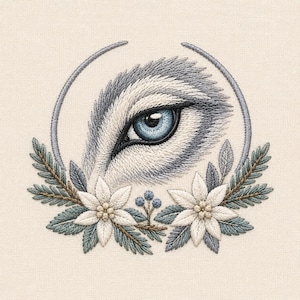May include: An embroidery design featuring a detailed blue eye surrounded by grey and white fur, framed by a circular grey line. Below the eye are two white flowers with cream centres, grey-green leaves, and small blue berries on fabric.