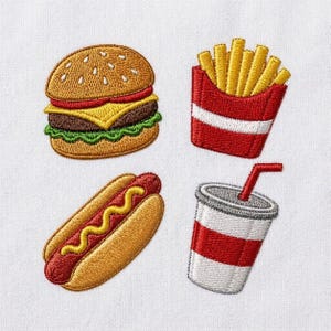 Conjunto de diseños de bordado de comida rápida: iconos de hamburguesas, patatas fritas, perritos calientes y refrescos (descarga digital).
