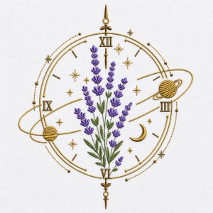 Lavender Celestial Clock Embroidery Design, Botanical Astrology Cosmic Floral Art (Digital File)