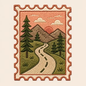 May include: A rectangular embroidered patch shaped like a postage stamp featuring a landscape scene. The design shows a winding road through green hills, dark green pine trees, brown mountains, and a setting sun in a peach-colored sky with clouds.