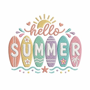 May include: Embroidered design with the words "hello SUMMER" above a row of colorful surfboards. The surfboards are in shades of peach, yellow, green, purple, and blue, with white lettering and decorative elements like flowers and a palm tree.