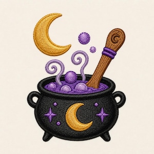 May include: An embroidered patch featuring a black cauldron with a gold crescent moon and purple stars. Inside the cauldron is a purple liquid with bubbles and swirling steam, stirred by a wooden spoon. A gold crescent moon floats above.