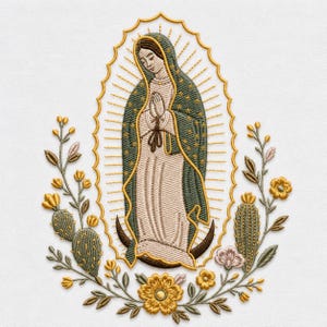 May include: An embroidery design featuring the Virgin of Guadalupe in a dark green mantle and cream robe, surrounded by a golden sunburst halo. The figure stands on a crescent moon, framed by a symmetrical arrangement of cacti and yellow flowers.