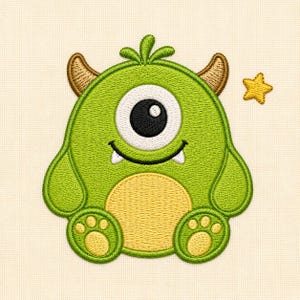 Diseño de bordado de monstruo verde, personaje infantil cíclope kawaii (archivo digital)
