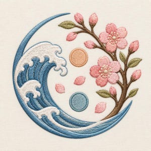 Borduurpatroon met golvende sakura, Yin Yang Japanse kersenbloesem boho (digitaal bestand)