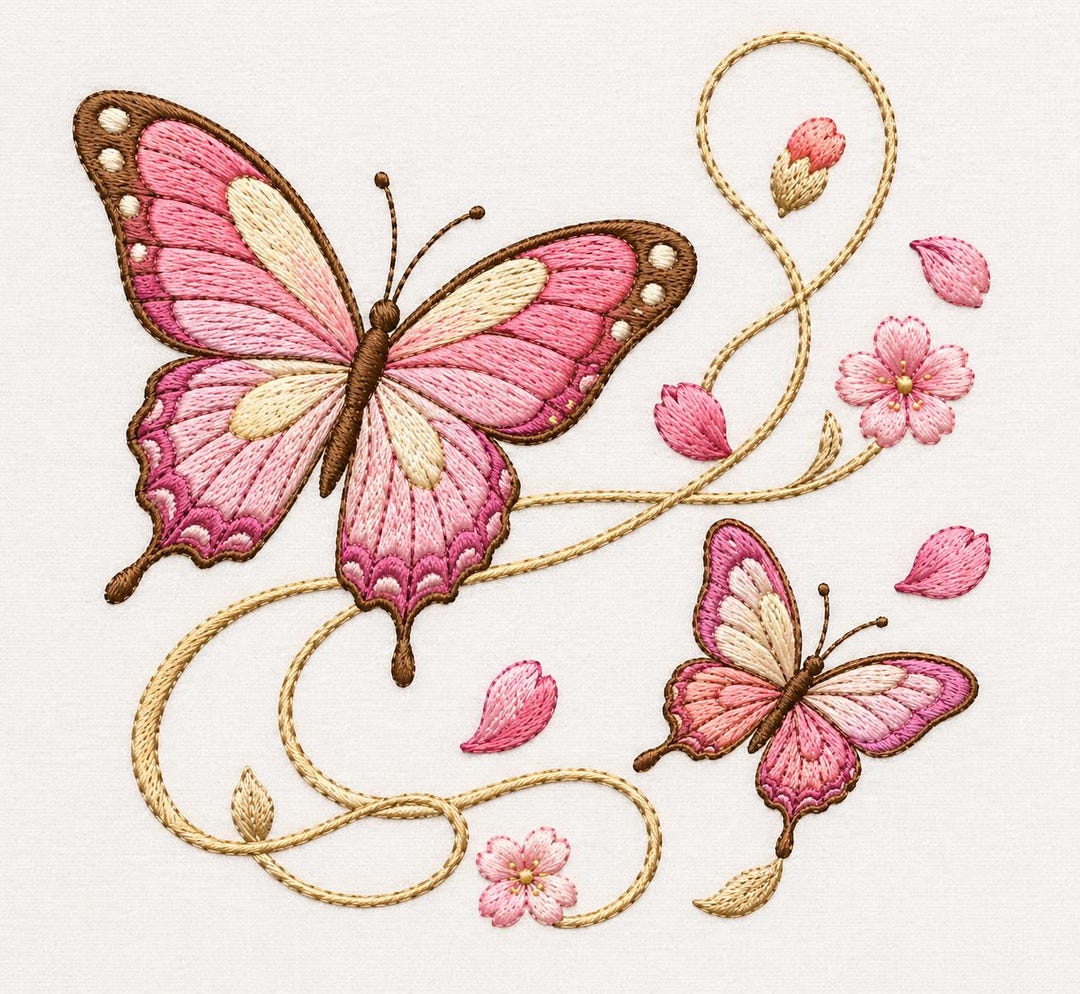 Pink Butterfly Embroidery Design, Floral Swirl Ribbon Art (digital File ...