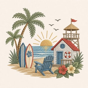 Pode incluir: Cena de praia bordada com uma torre de salva-vidas, uma cabana de praia e palmeiras. Duas pranchas de surf estão na areia ao lado de uma cadeira Adirondack azul. O sol se põe sobre o mar, com pássaros no céu. Flores de hibisco.