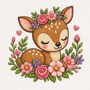 May include: Embroidered image of a fawn with closed eyes, surrounded by pink, purple, and green flowers and leaves. The fawn has a flower crown and two small pink hearts. The fawn is brown with white spots.