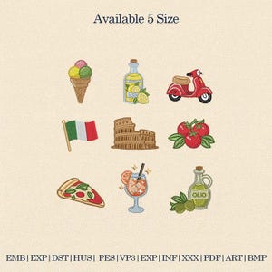 May include: Embroidered Italian-themed designs including an ice cream cone, lemon bottle, red scooter, Italian flag, Colosseum, tomatoes, pizza slice, cocktail, and olive oil bottle. Text reads "Available 5 Size".