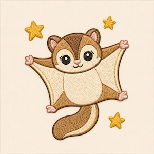 May include: An embroidered design of a brown and cream flying squirrel with large black eyes and pink accents on its ears and paws. The squirrel is depicted in a gliding pose, surrounded by three small, five-pointed yellow stars.