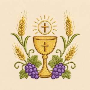 Peut inclure: Motif religieux brodé avec un calice doré orné d'une croix, entouré d'un soleil rayonnant, d'épis de blé et de grappes de raisin violet. Le motif est posé sur un fond crème, adapté aux créations religieuses.