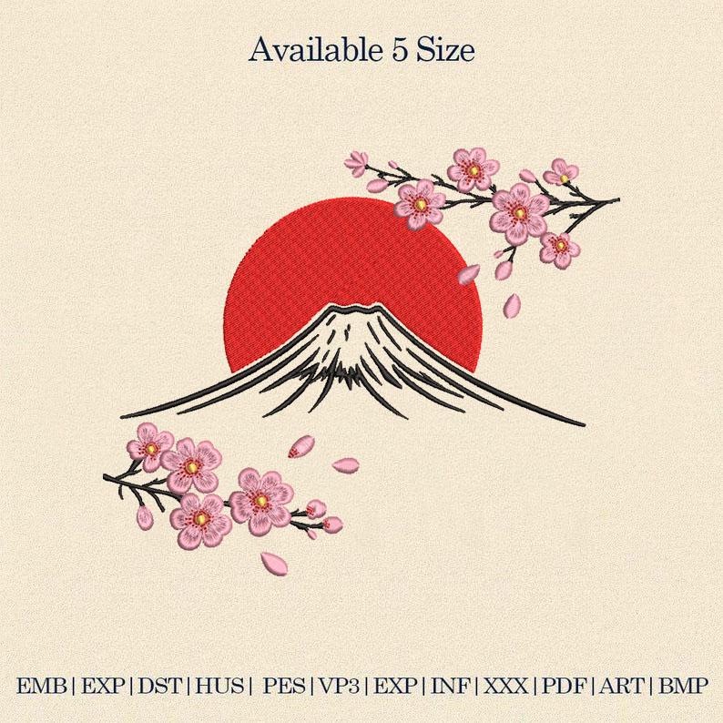 Mount Fuji Cherry Blossom Embroidery Design, Japanese Sun Landscape ...