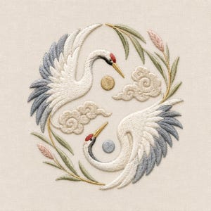 May include: An embroidery design on light fabric featuring two cranes with white and grey wings, red crowns, and yellow beaks. The birds are arranged in a circular composition with green leaves, pink stalks, two clouds, and two small circles.