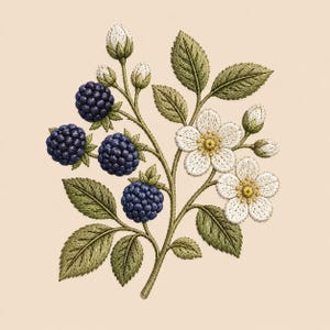 May include: Embroidered illustration of a blackberry branch with dark blue berries, white flowers with yellow centers, green leaves, and white buds. The design is set against a beige background, showcasing the detailed stitching.