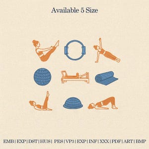 May include: An illustration featuring various Pilates and yoga equipment and poses. The image includes a blue exercise ball, a Pilates ring, a reformer, a yoga mat, and a dome. The text "Available 5 Size" is at the top.