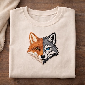 May include: Cream-colored sweatshirt featuring an embroidered fox design. The fox's face is split, with one side in orange and the other in gray, each with a different eye color. The sweatshirt is folded neatly on a wooden surface.