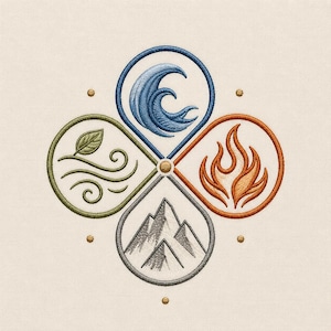 Four Elements Embroidery Design, Boho Nature Symbols Water Fire Earth Air Minimalist (Digital File)