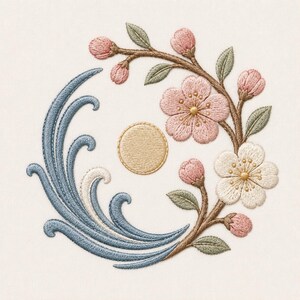 Borduurpatroon met kersenbloesems en golven, Japanse zonsondergang, bloemen en oceaankunst (digitaal bestand)