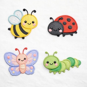 May include: Four embroidered patches featuring cute insects: a yellow and black bee, a red and black ladybug, a pink and blue butterfly, and a green caterpillar. Each patch has a smiling face and is set against a white background.