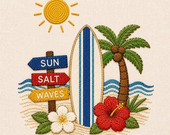 Surfboard Beach Embroidery Design, Tropical Coastal Summer Vacation Boho Decor (Digital File)