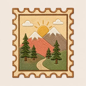 May include: A rectangular embroidered patch shaped like a postage stamp featuring a landscape scene. The design includes a yellow sun, two white-capped mountains, green pine trees, and a winding path against a light tan background with clouds.