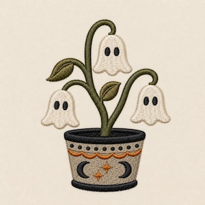 Ghost Flower Pot Embroidery Design, Whimsical Halloween Plant (Digital File)